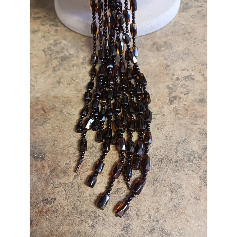 Vintage Amber Tassel Necklace Beaded Fringe Statement Boho Jewelry
